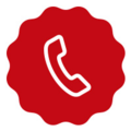 Czerwona pieczęć z białą ikoną słuchawki telefonu na czerwonym tle.