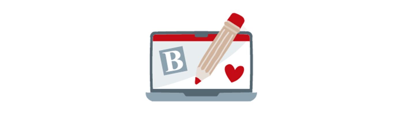 Ikona laptopa z olowkiem sercem i litera B na ekranie