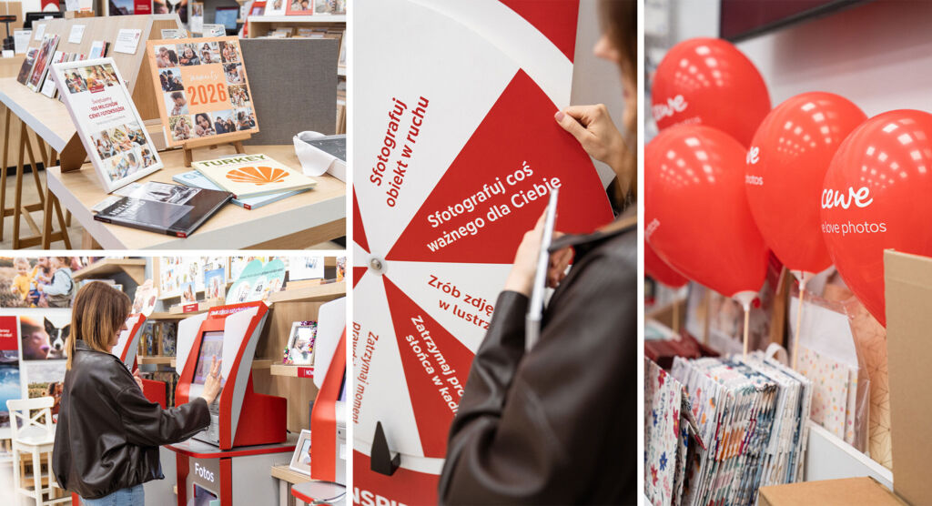 Kolaż przedstawiający fotoksiążki i materiały CEWE w sklepie, osobę oglądającą czerwony katalog oraz czerwone balony z logo CEWE.