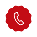 Czerwony telefon na białym tle w okrągłym znaczku.