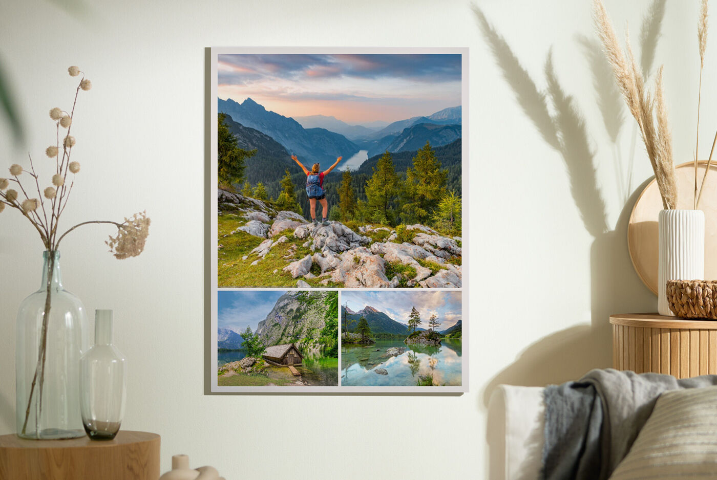 Fotoobraz Gallery Print na ścianie z kolarzem zdjęć z górskich wycieczek przedstawiający turystkę i krajobrazy z jeziorami.